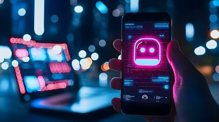 Poster - User engaging with a chatbot on a smartphone, digital interface displaying conversation, modern technology in daily life, user-friendly interaction