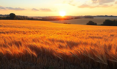 Poster - Golden wheat field illuminated by a warm sunset, creating a serene landscape.