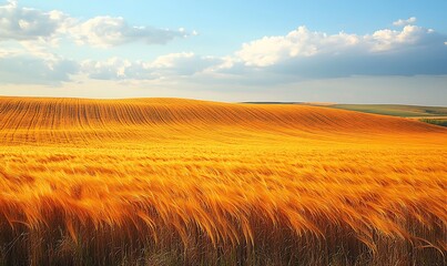 Poster - Golden wheat fields under a blue sky with fluffy clouds.