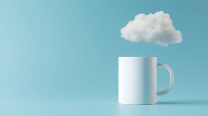Poster - White mug resting on a blue surface, soft cloud floating above, serene atmosphere evoking calm and simplicity.