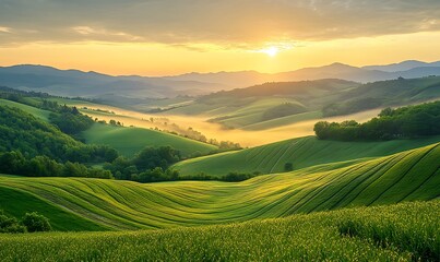 Poster - Serene sunrise over lush green hills, casting a warm glow on the landscape.