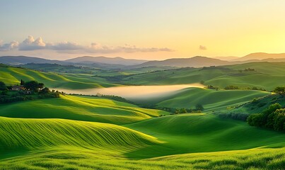 Poster - Serene landscape with rolling green hills under a golden sunrise and soft clouds.