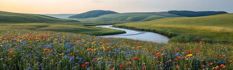 Poster - A serene landscape featuring a winding river amidst vibrant wildflowers and rolling hills at sunrise.