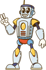 Aufkleber - Cartoon groovy robot character with funny face and hippie peace sign, vector personage. Groovy cartoon retro robot or alien robotic bot and bionic android machine or cyborg droid with funky smile