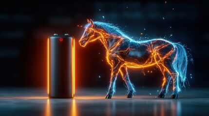 Poster - Electrified Equine A visually striking digital depicting a horse engulfed in a powerful aura of glowing electrical energy  The equine figure radiates a luminous ethereal presence