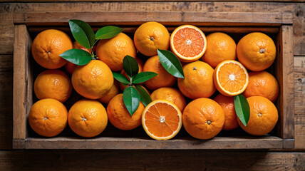 fresh orange fruits in a box on wooden table, top view