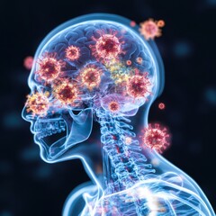 Poster - futuristic 3d depicting a digital x ray scan or visualization of a human skull and brain infected wi
