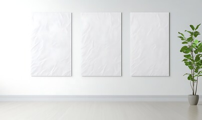 Poster - Empty wall with three blank frames and a decorative plant in a modern interior setting.