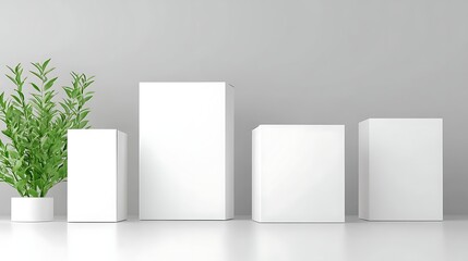 Poster - Minimalist arrangement of white boxes alongside a green plant on a neutral background.