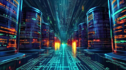 Poster - futuristic server room with glowing data streams.
