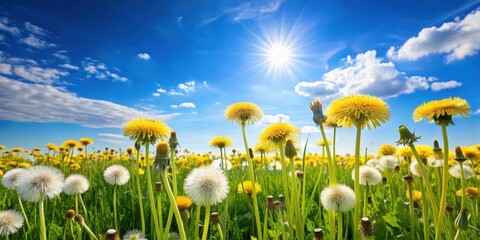 Wall Mural - Field with dandelions and blue sky, dandelions, nature, dandelions