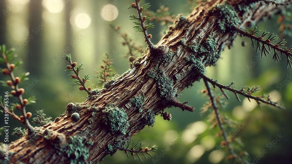 4K Realistic Macro Photograph Focusing on a Tree Branch and Twigs with ...