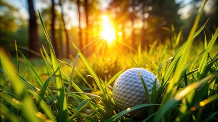 Wall Mural - A close-up shot of a golf ball surrounded by tall grasses and leaves in a sun-dappled meadow, evoking a sense of tranquility and connection with nature , meadow, grass