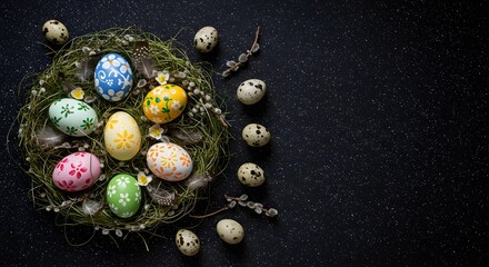 Overhead view of artistically arranged Easter eggs and decorative spring elements under a shimmering night sky, with the gentle light of a full moon casting dreamy shadows, free of human presence