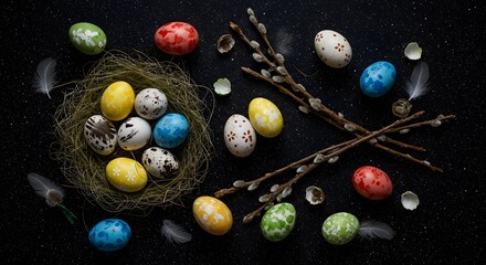 Overhead view of artistically arranged Easter eggs and decorative spring elements under a shimmering night sky, with the gentle light of a full moon casting dreamy shadows, free of human presence