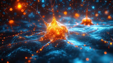 Poster - 3d rendering of neuron cell with glowing particles computer generated abstract background