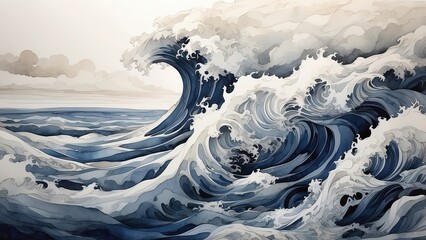 a watercolor painting of a large wave crashing into the shoreline in the ocean