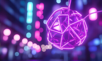 Poster - Glowing Polygonal Cityscape, a vibrant urban landscape illuminated by neon colors, geometric shapes creating a futuristic atmosphere.