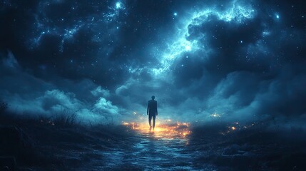 Aufkleber - alone on the moonlit path man looking at the night sky walking a path
