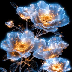 Poster - Mesmerizing glowing floral blooms in a vibrant digital art creation with a futuristic ethereal and captivating aesthetic  The flowers appear to be illuminated from within radiating a magical