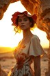 © Arsal Stock - Stylish woman in a floral dress and hat stands in a serene desert landscape, capturing fashion and nature