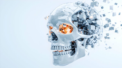 Poster - Digital skull icon, binary code background, vibrant orange highlights, modern tech aesthetic, fusion of art and technology, futuristic design element