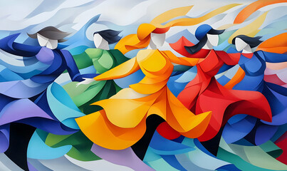 Poster - Dynamic Cubist Dance, a vibrant celebration of movement and rhythm, blending geometric shapes and vivid colors in an energetic composition