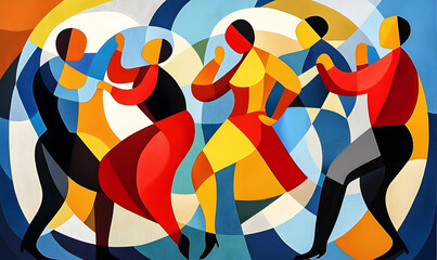 Poster - Dynamic Cubist Dance, vibrant figures in motion, fragmented shapes and colors, energy and rhythm intertwining, celebrating the art of movement.
