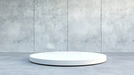 Poster - Minimalist interior featuring a vacant white round podium, soft lighting, sleek design, emphasizing spaciousness and simplicity