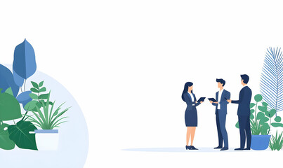 Poster - Flat sales management team illustration, diverse professionals collaborating, vibrant colors, dynamic workspace, focused discussions, teamwork in action