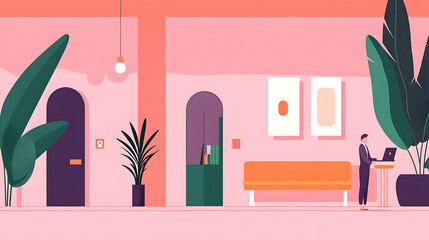 Poster - Dynamic flat vector illustration of sales managers collaborating in a modern office setting, showcasing teamwork and innovation.