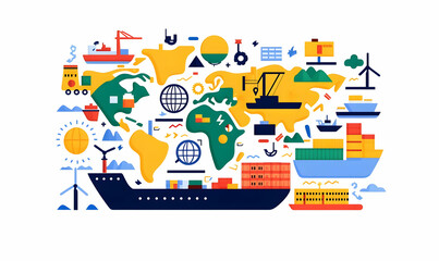 Poster - Global Trade Systems Visualization, a flat vector illustration depicting interconnected trade routes, economic exchanges, and international markets.