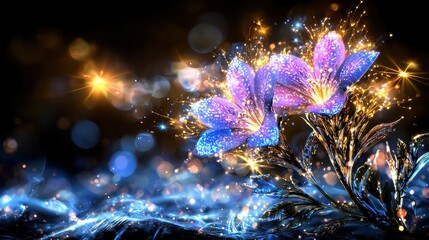 Poster - Mesmerizing digital of glowing ethereal floral blossoms in a fantastical otherworldly landscape  Vibrant vivid petals sparkle and shimmer with a mystical cosmic energy against a blurred