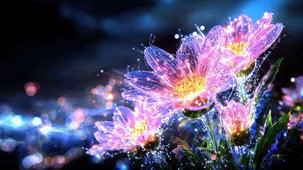Poster - Mesmerizing floral explosion of vibrant lights and colors in an abstract fantasy landscape creating a captivating and enchanting visual display of energy magic and transcendent beauty