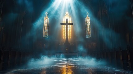 Poster - beacon of faith celestial light streams through cathedral windows highlighting the cross