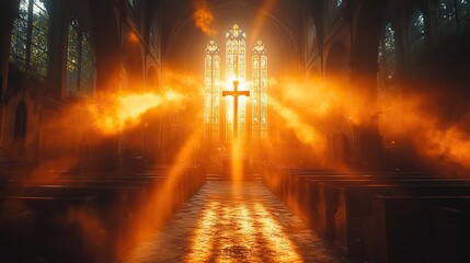 Poster - beacon of faith celestial light streams through cathedral windows highlighting the cross