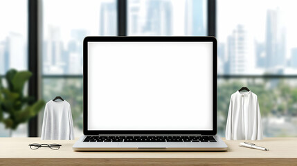 Poster - Modern workspace, sleek laptop with a blank white screen, minimalist design, inviting atmosphere, ideal for creative ideas and productivity.