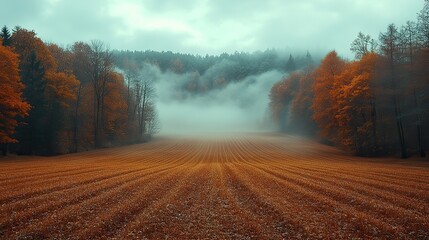 Poster - beautiful autumn landscape with fog on the field vintage style
