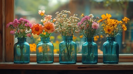 Poster - beautiful flowers in glass bottles with filter effect retro vintage style boho interior