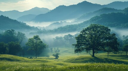 Poster - beautiful hills landscape in the morning toned