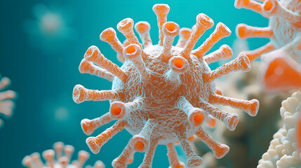 Poster - Microscopic View of H5N1 Avian Virus, intricate structures, vibrant colors, revealing details of viral composition and behavior.