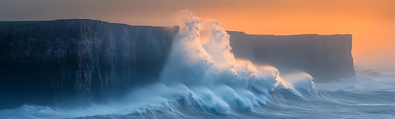 Poster - Dramatic waves crashing against a rocky coastline at sunset, creating a stunning seascape.