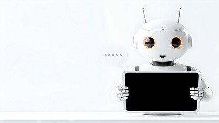 Poster - Hand Holding Tablet with Chatbot Interface, Engaging in Conversation, Speech Bubbles Displaying Interactive Dialogue, Modern Technology in Use