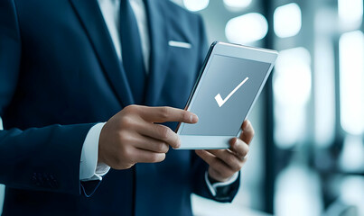 Poster - Hand holding a tablet displaying a luminous check mark, symbolizing approval and success in digital communication and technology.