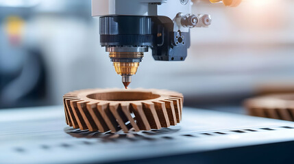 Poster - Laser Cutter Engraving Geometric Patterns in Studio, Intricate designs emerge from precision cutting, showcasing creativity and craftsmanship.