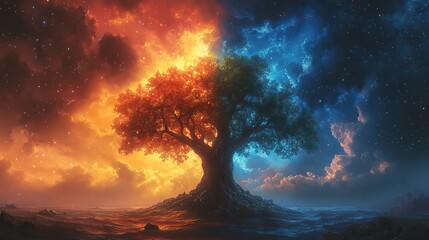 Poster - bible old testament creation genesis the tree of life and the the tree of knowledge of good and evil under dramatic sky digital illustration