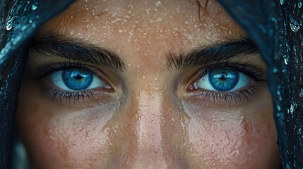 Poster - biblical character emotional close up portrait of a woman with blue eyes in a veil looking up under the rain