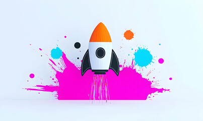 Poster - Minimalist Rocket Design with Paint Splatter, a vibrant fusion of abstract art and aerospace inspiration, showcasing dynamic colors and fluid shapes.