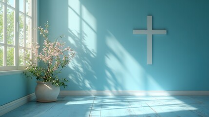 Poster - blue empty room with window and sunlight shadow of christian cross on the wall 3d rendering