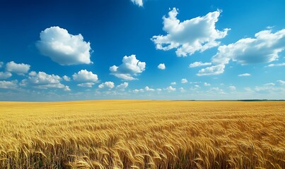 Poster - Golden wheat field under a bright blue sky with fluffy white clouds.